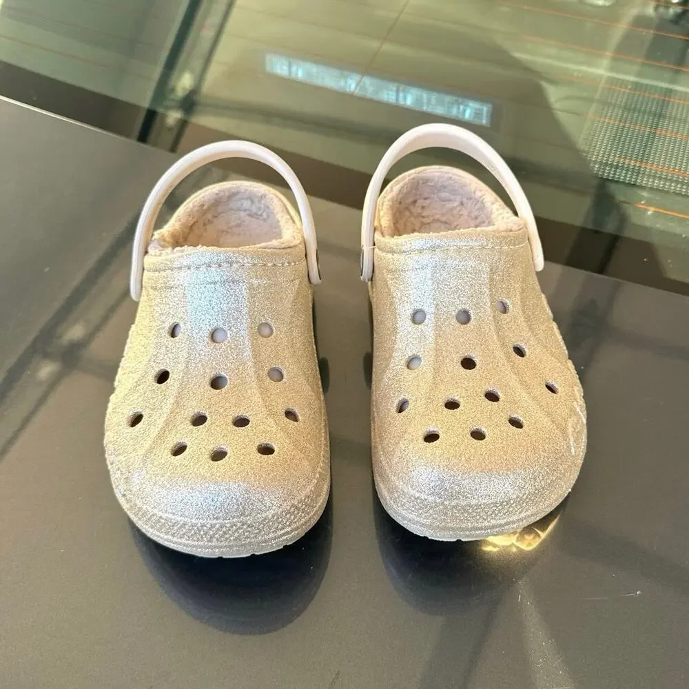 Crocs Little Kids Baya Lined Fuzzy Glitter Clogs Girls Size J 1 Gold‎